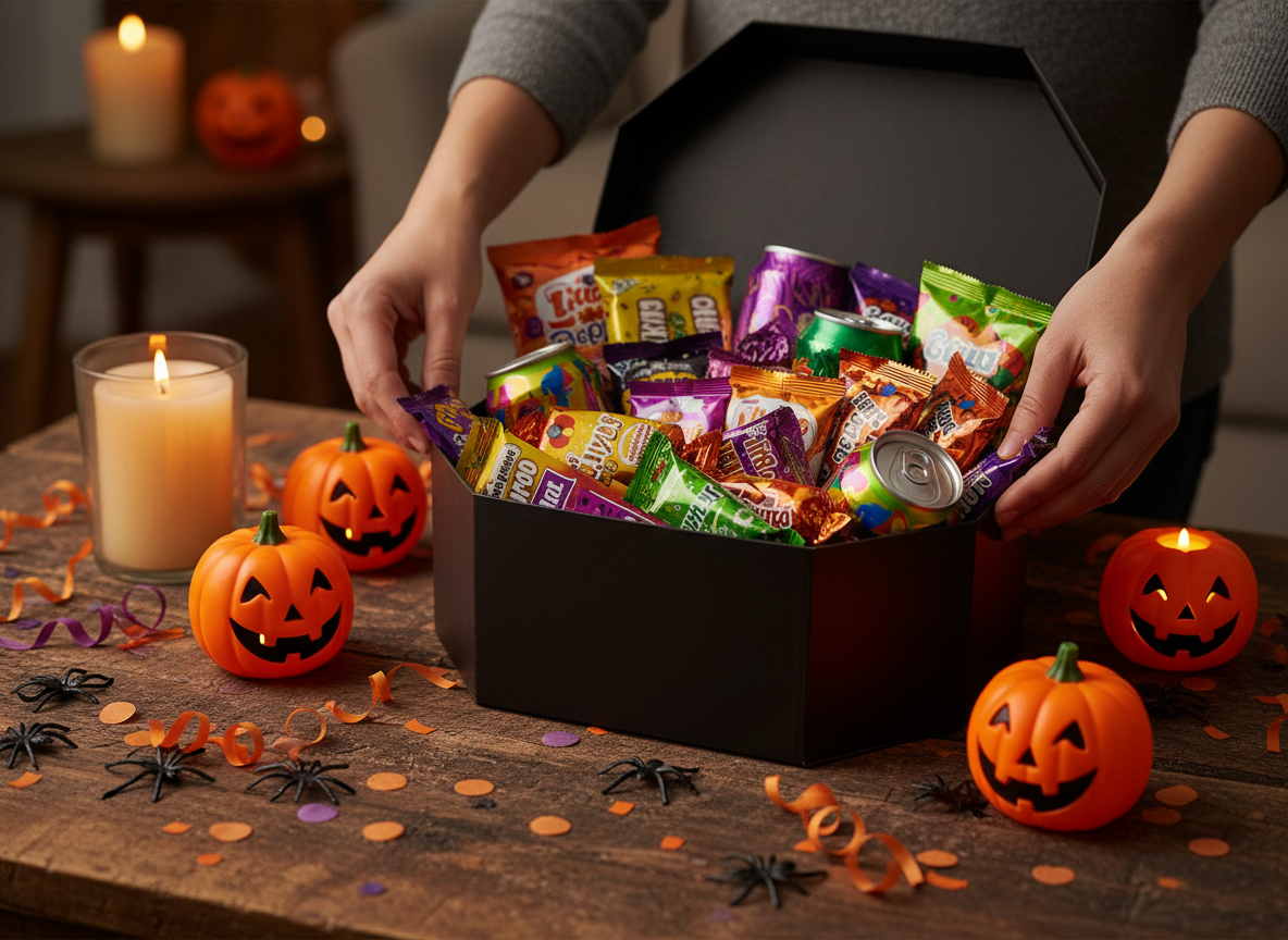 Hands packing imported sweets, chocolate and soda into a Halloween treat box beside carved pumpkins