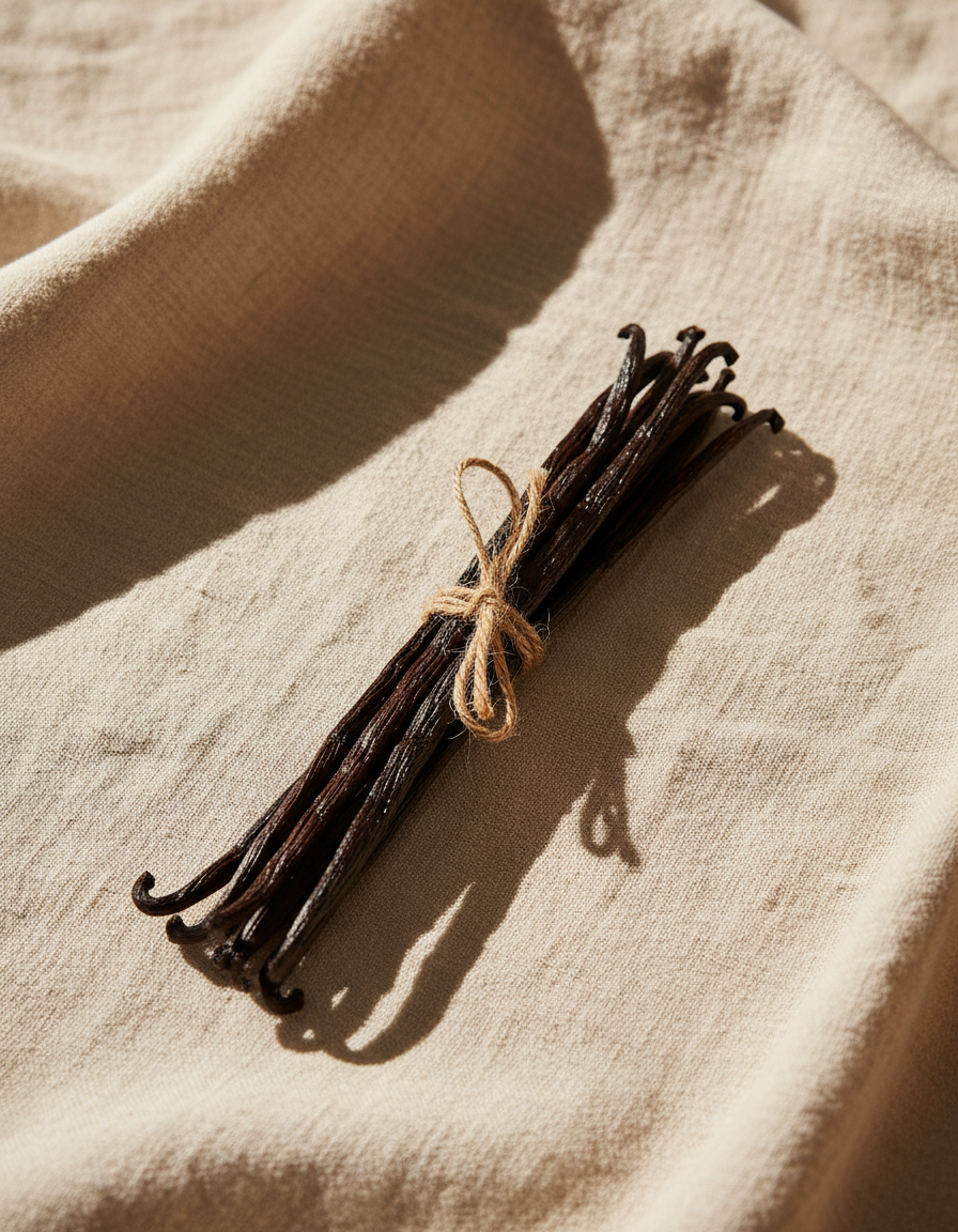 Single bundle of cured black vanilla beans tied with jute twine on cream linen