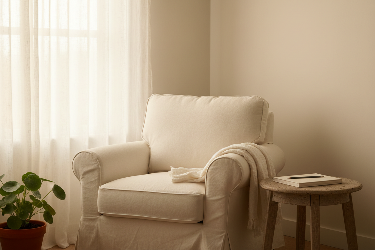 A linen armchair beside a bright window with a closed notebook on a side table