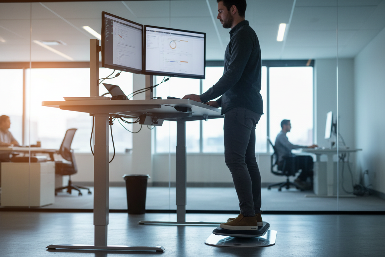 An employee working at a raised standing desk with dual monitors while balancing on a FluidStance deck in a bright glass-walled office
