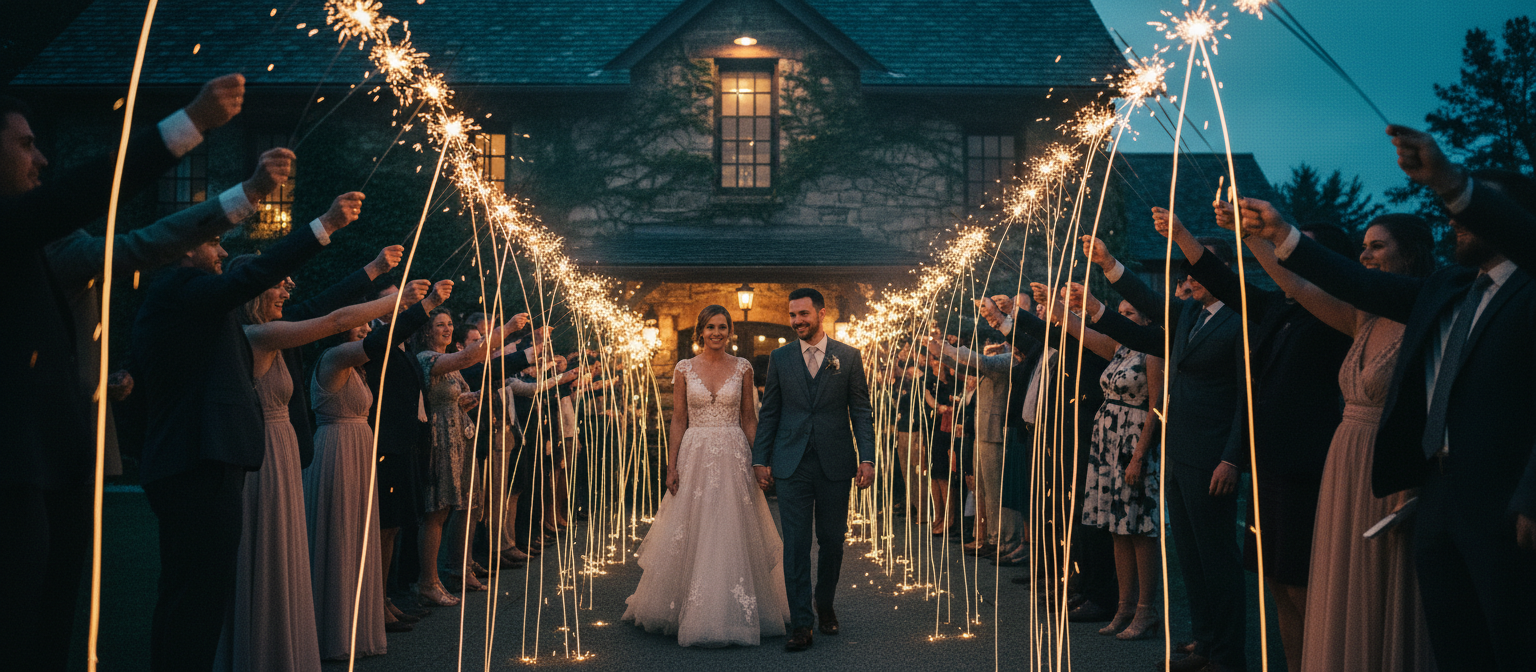 Wedding guests waving gold sparklers as the couple walks through