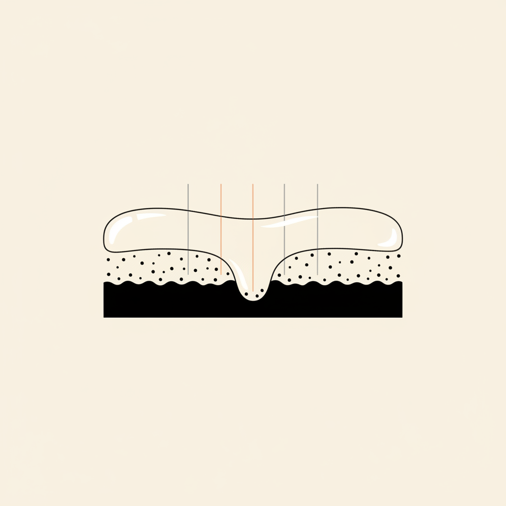 Diagram of a smooth, hydrated outer skin layer letting light pass cleanly through to the same ink particles below