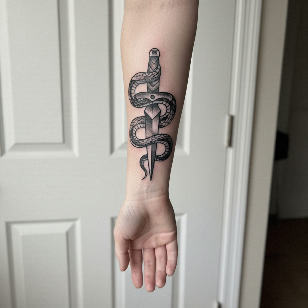 Black and grey snake and dagger tattoo on a forearm looking patchy, hazy grey before daily balm use
