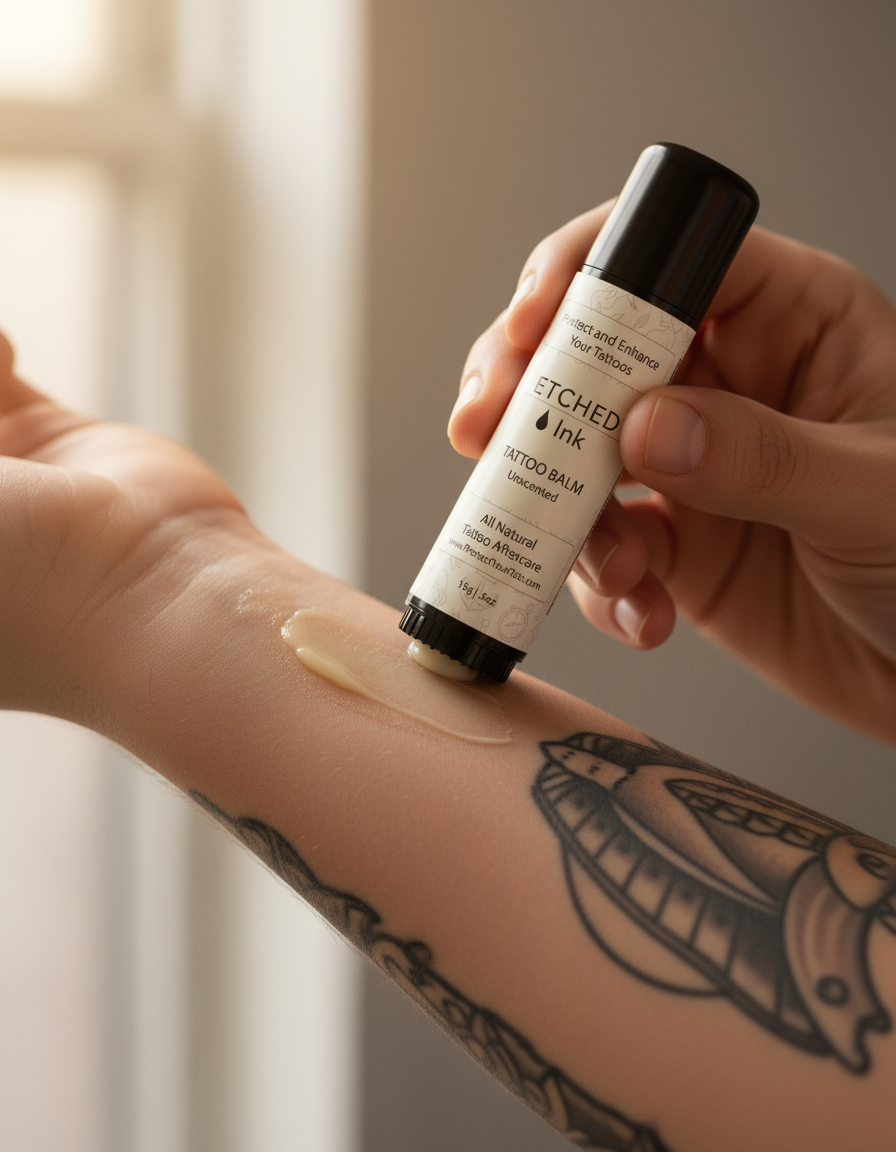 A hand gliding the balm stick along a freshly tattooed forearm