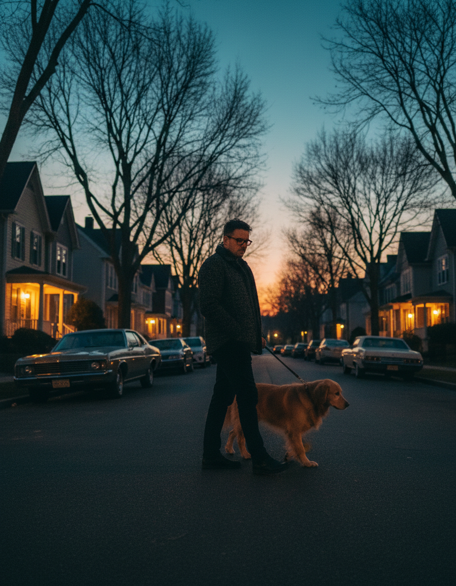 A person walking a dog on a residential street at dusk while wearing NEXVO One glasses