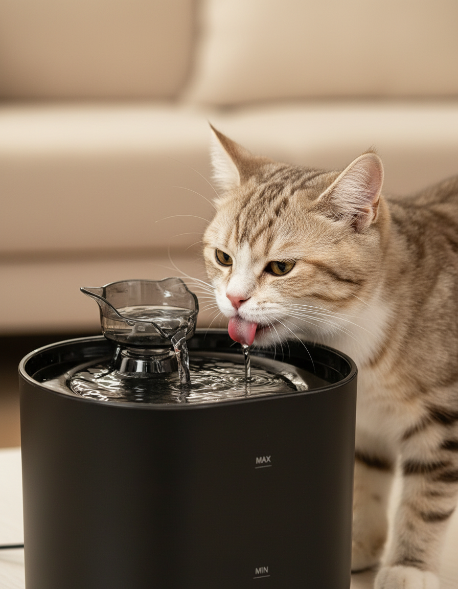 A tabby cat leaning in to drink from the fountain's cat-ear spout