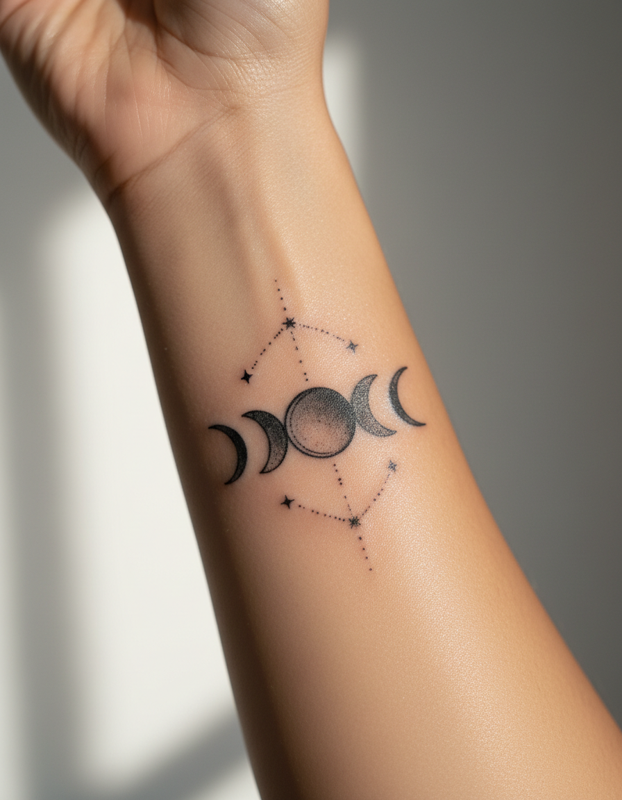 Close-up of a healed black and grey tattoo with saturated ink on hydrated skin