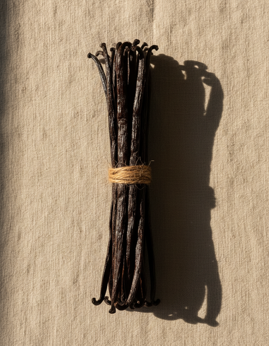 Bundle of cured black vanilla beans tied with twine on cream linen