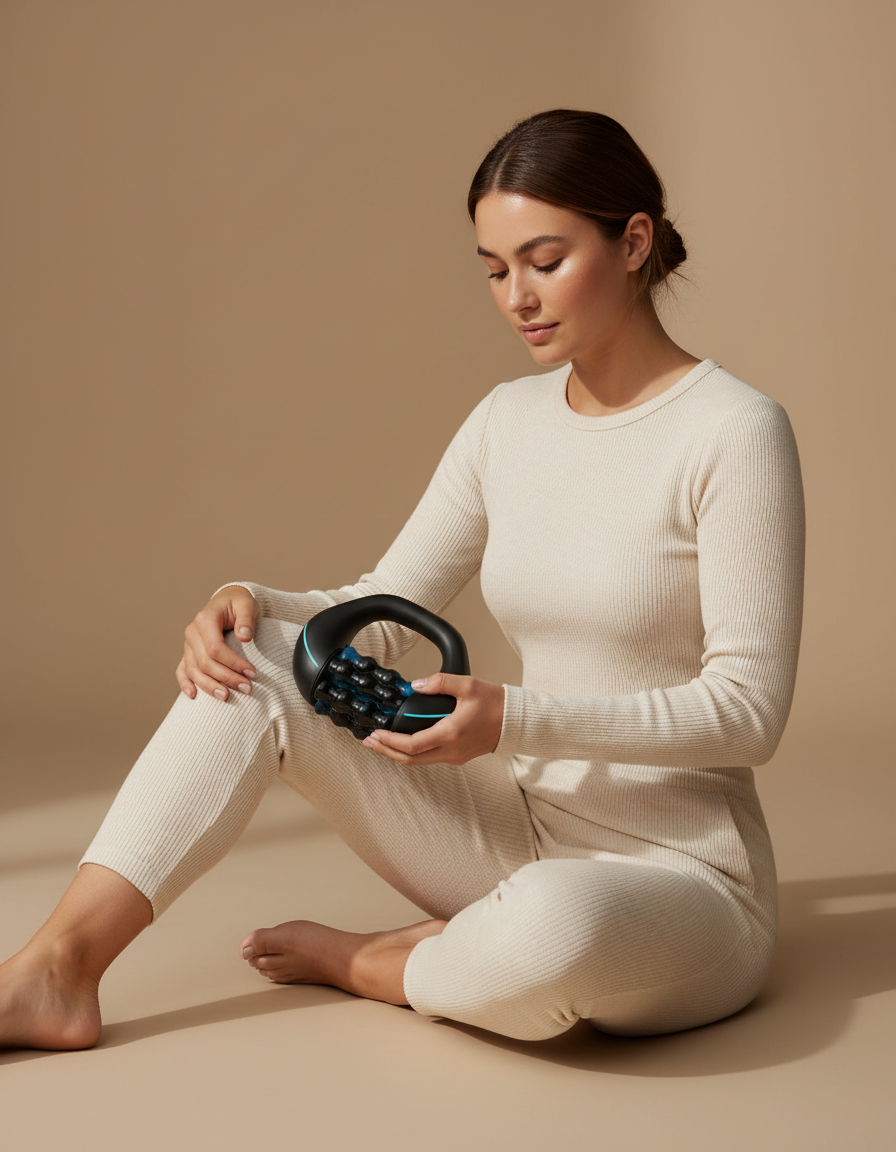 Woman in cream loungewear rolling the massager along her upper thigh