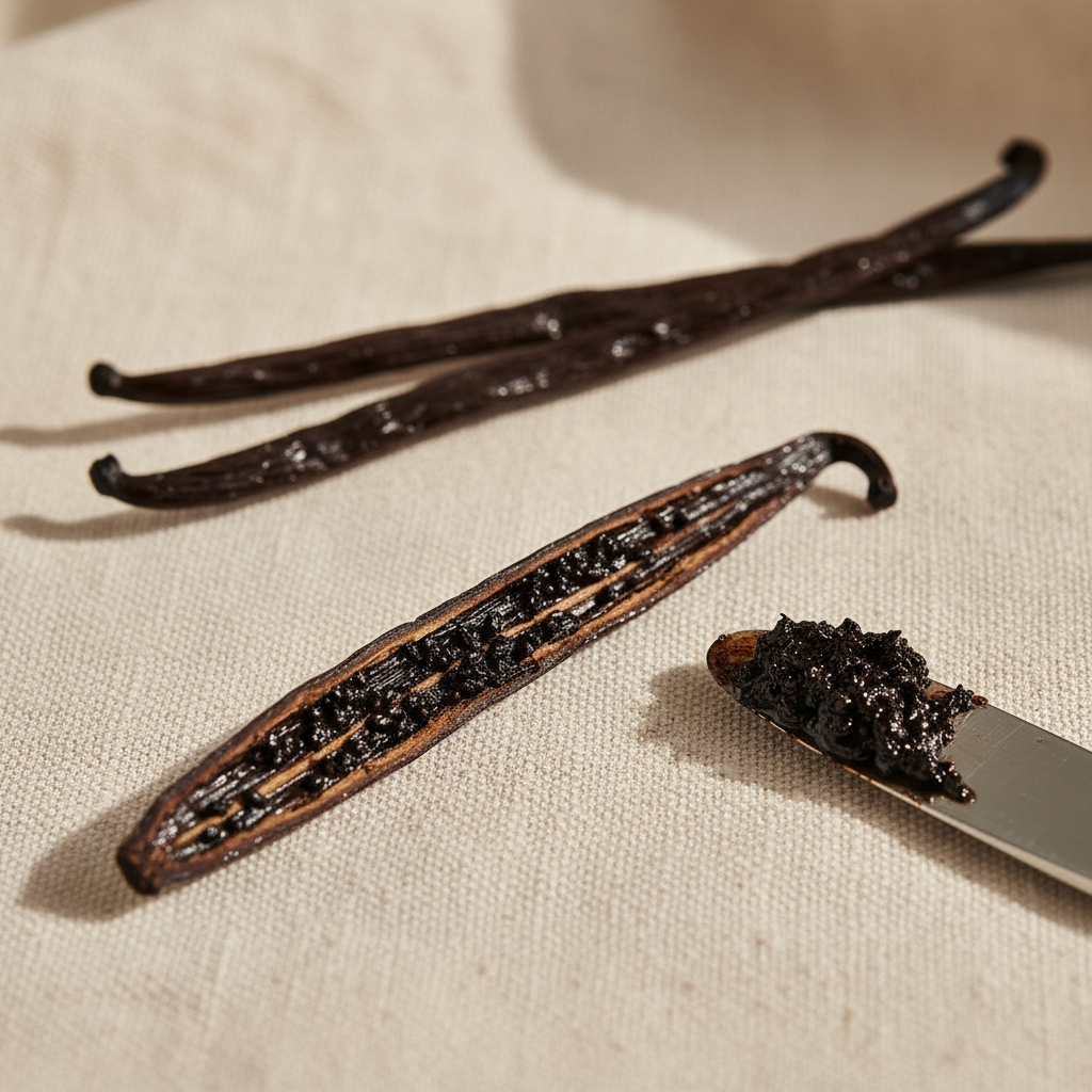 Vanilla pod split lengthways beside a mound of scraped seed paste on a knife