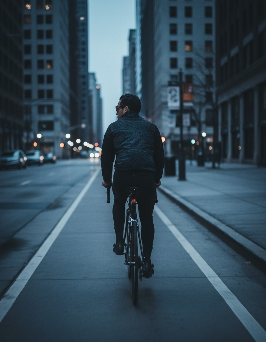 A cyclist wearing NEXVO One glasses riding through a city bike lane at dusk