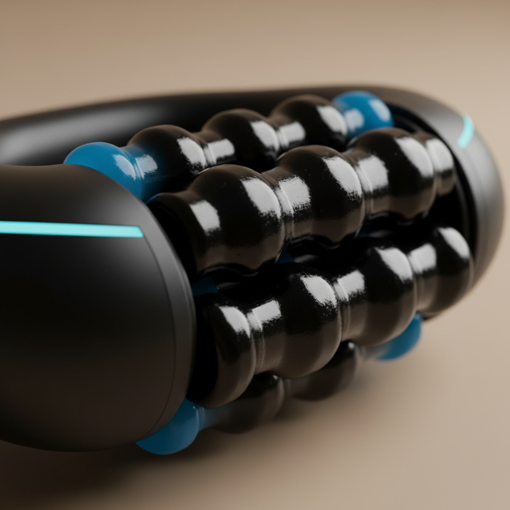 Extreme macro of the glossy black rollers and massage nodes