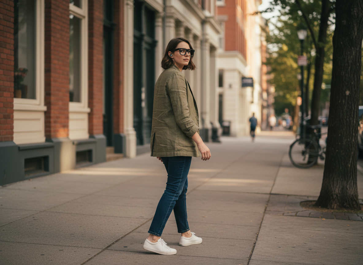 A woman walking a city sidewalk wearing NEXVO One, ears uncovered with no earbuds