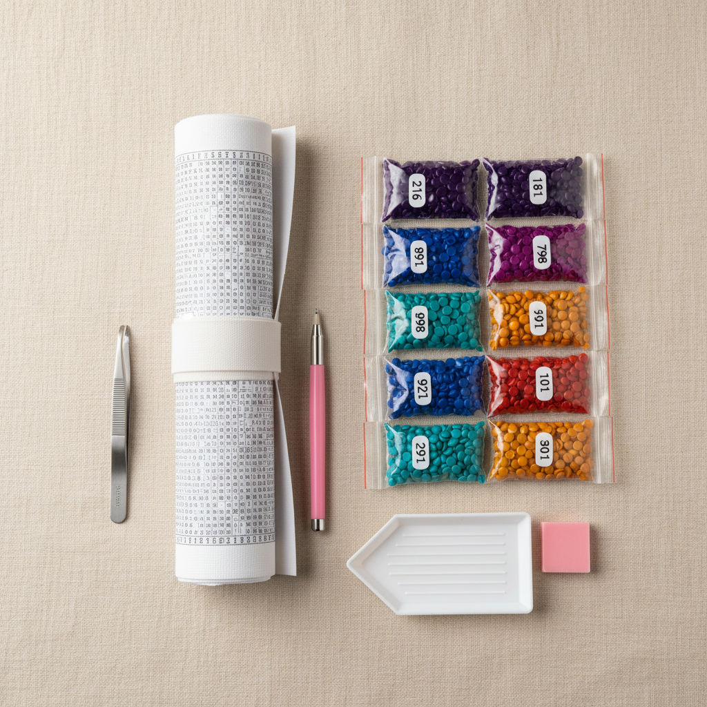 Flat lay of diamond painting kit contents: canvas, sorted gems, applicator pen, tray and wax