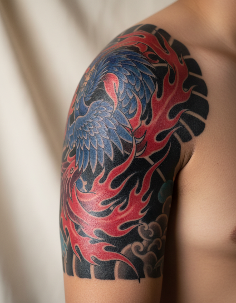 A colour phoenix tattoo on an upper arm shown digitally aged, its reds and blues flattened and dull