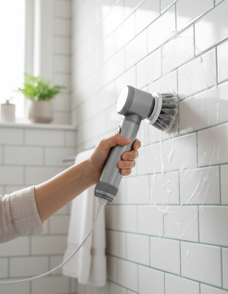 Brosse électrique frottant les joints d'un carrelage blanc de douche