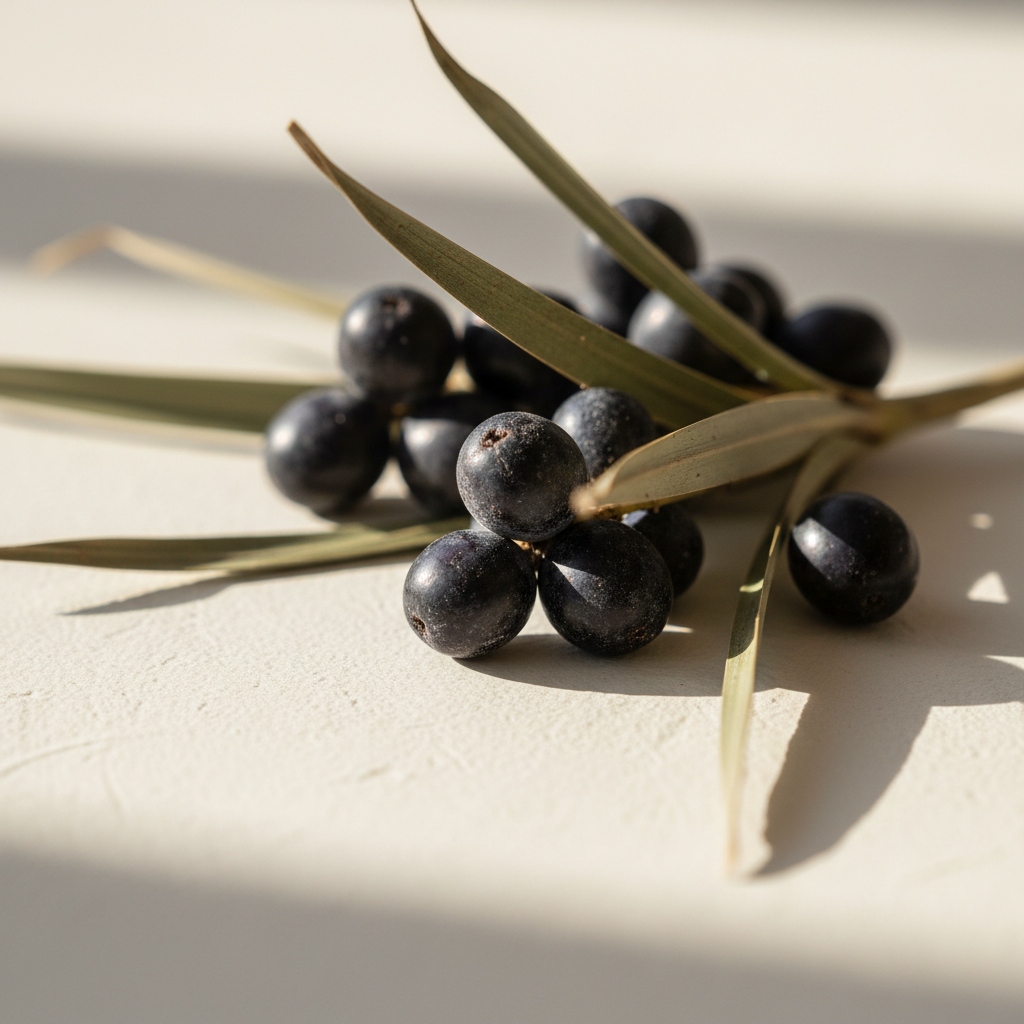 Saw palmetto berries and fronds photographed on a pale plaster surface