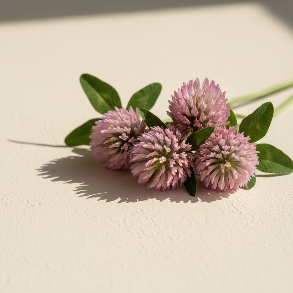 Red clover blossoms photographed on a pale plaster surface