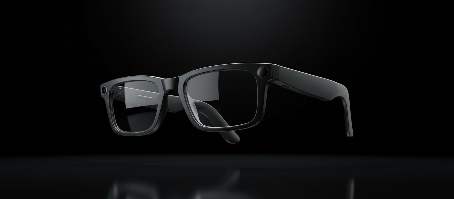 NEXVO One AI smart glasses shown at a three-quarter angle in a dark studio, with the camera module visible at the corner of the black frame