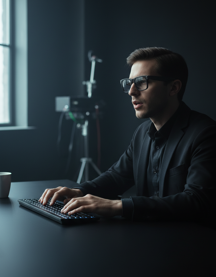 A man working at a dark desk with both hands on the keyboard while wearing NEXVO One