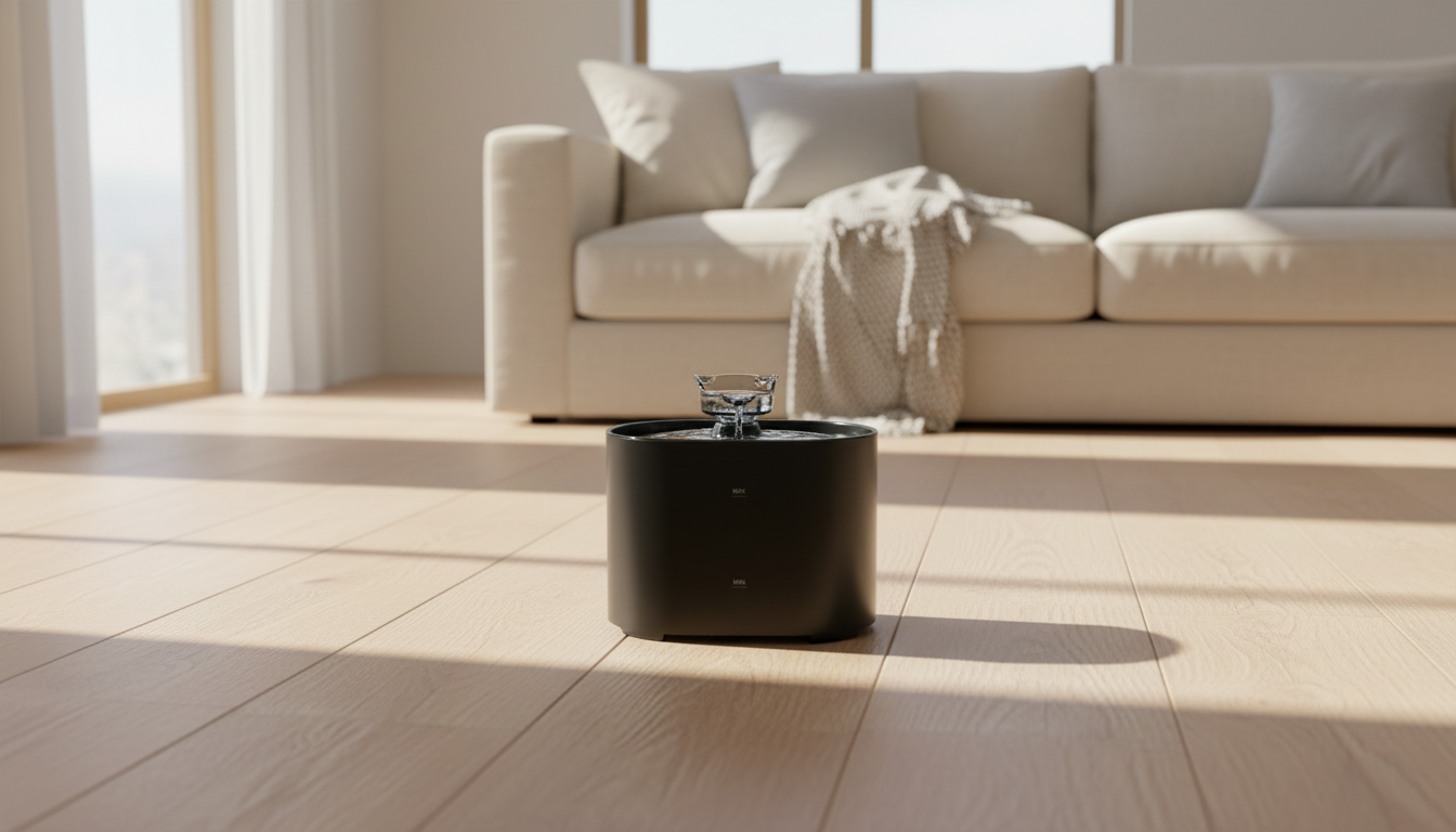 The matte black fountain on a pale oak floor in a bright, minimal living room