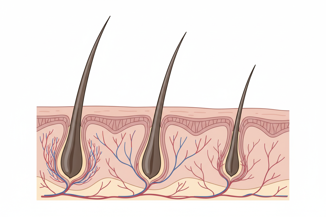 Medical cross-section illustration of scalp skin showing three hair follicles progressively shrinking, with capillaries around each follicle bulb