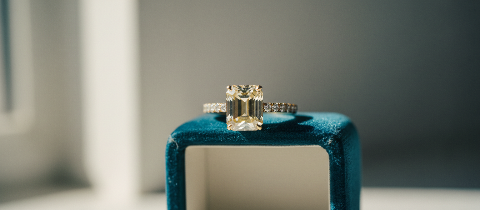 Fancy yellow emerald-cut diamond ring resting on the edge of a deep blue jewelry box