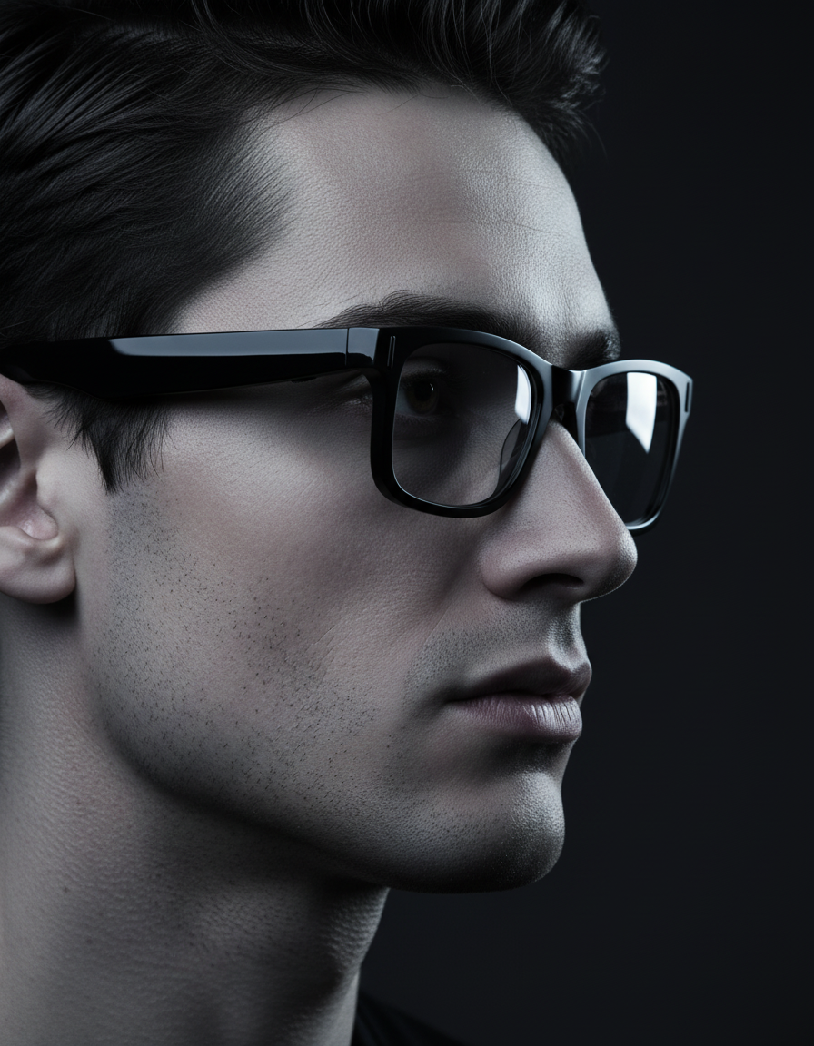 Side profile of a man wearing NEXVO One, showing the flat temple arm with its speaker outlet