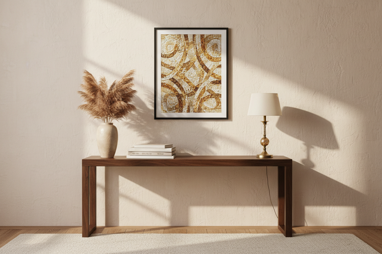 A finished framed diamond art mosaic hanging above a console table in a living room