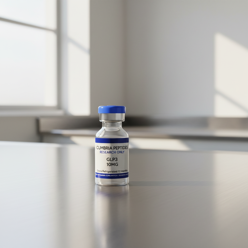 A sealed lyophilised peptide vial standing on a brushed steel laboratory bench in soft daylight