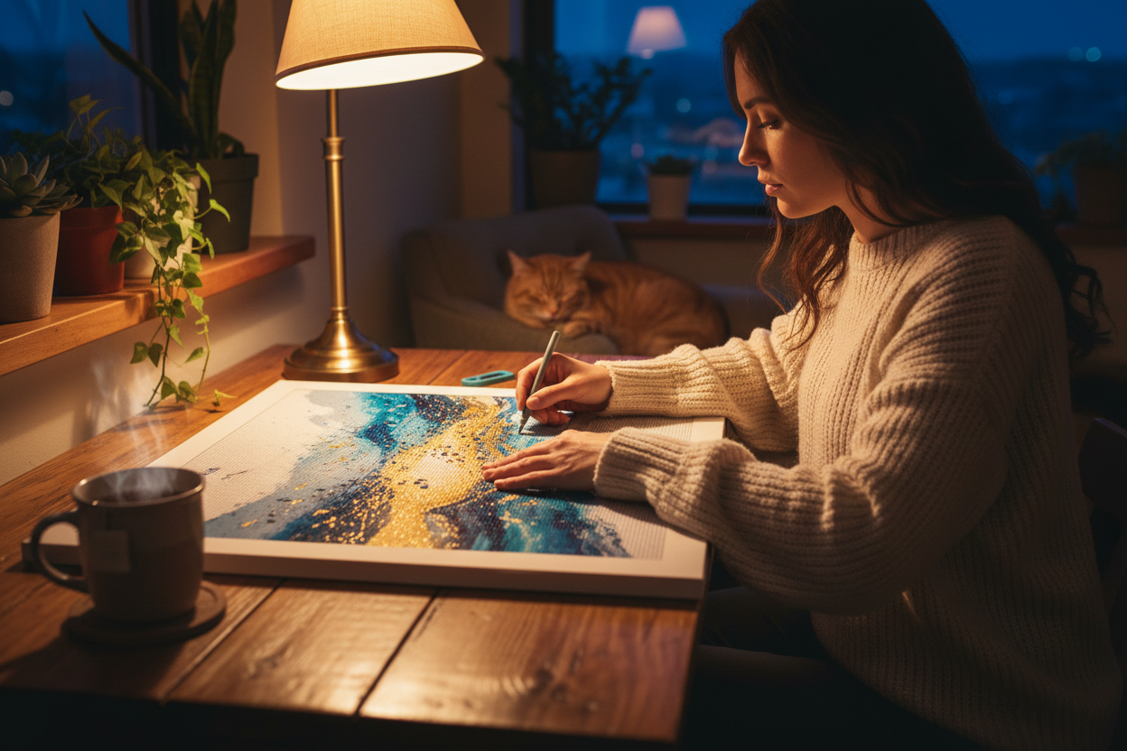 A person working on a large diamond art canvas at a wooden table under warm lamp light