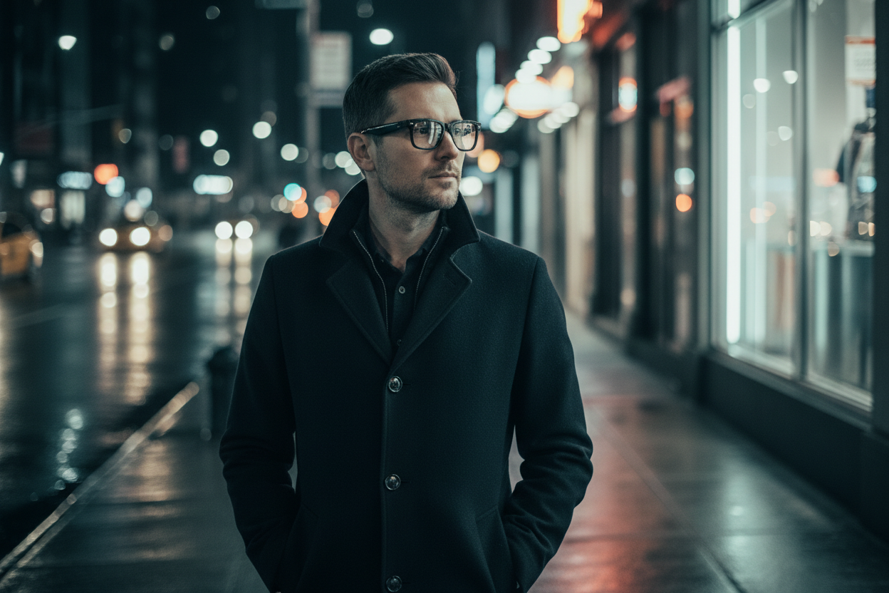 A man wearing NEXVO One glasses on a city sidewalk at night, streetlights reflecting on wet asphalt behind him