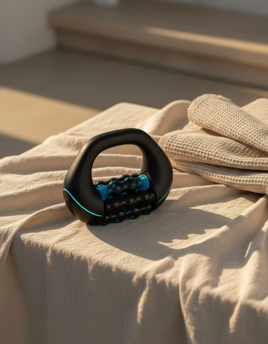 The massager resting on rumpled cream linen beside a folded towel in morning light