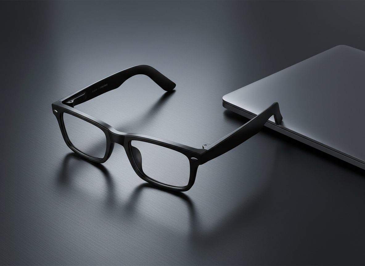 NEXVO One glasses lying open on a dark brushed metal desk beside a closed laptop