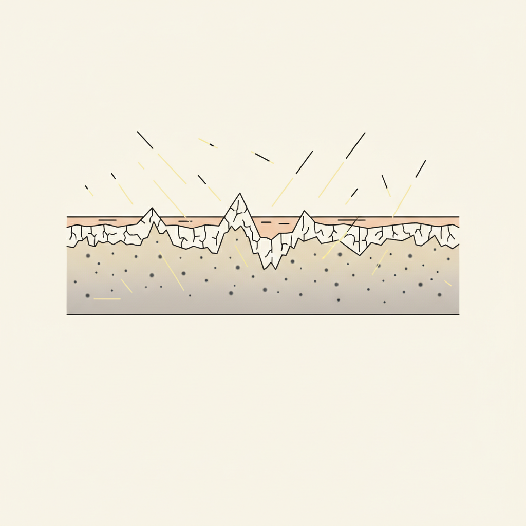 Diagram of a rough, dry outer skin layer scattering light in many directions above intact ink particles below