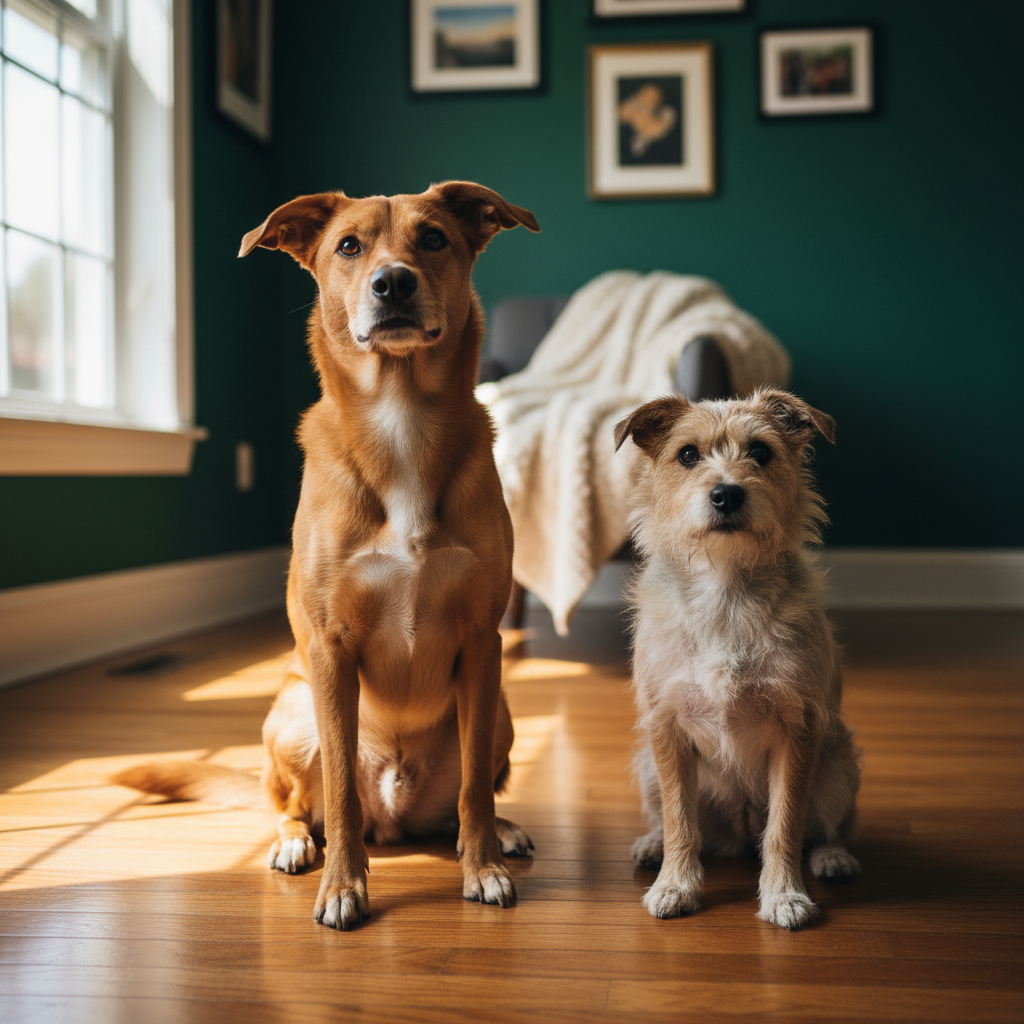 Two dogs sitting side by side on a sunlit floor, looking up expectantly