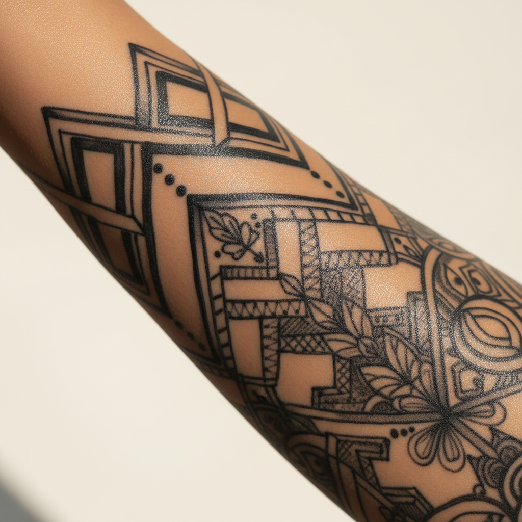 Well-moisturised tattooed skin with deep saturated black ink and a soft natural sheen
