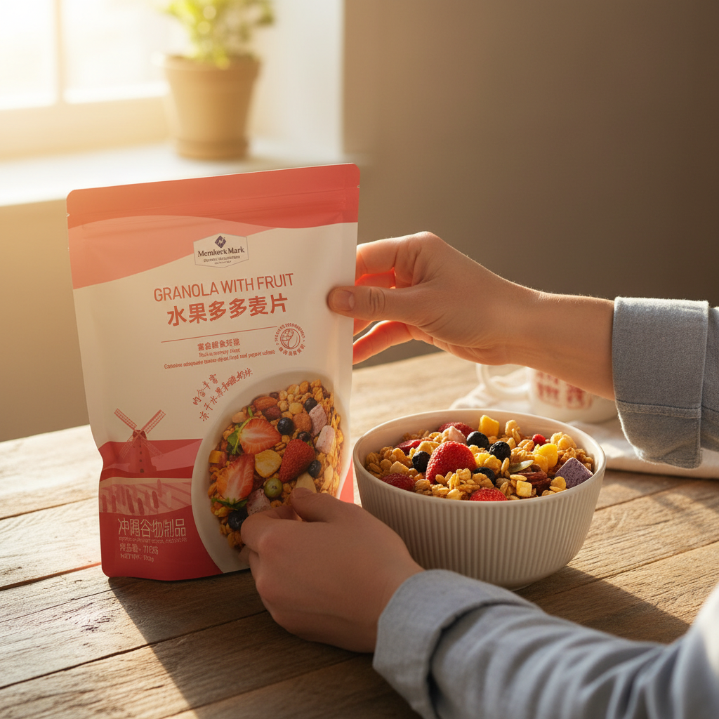 Hands holding the granola pouch beside a breakfast bowl