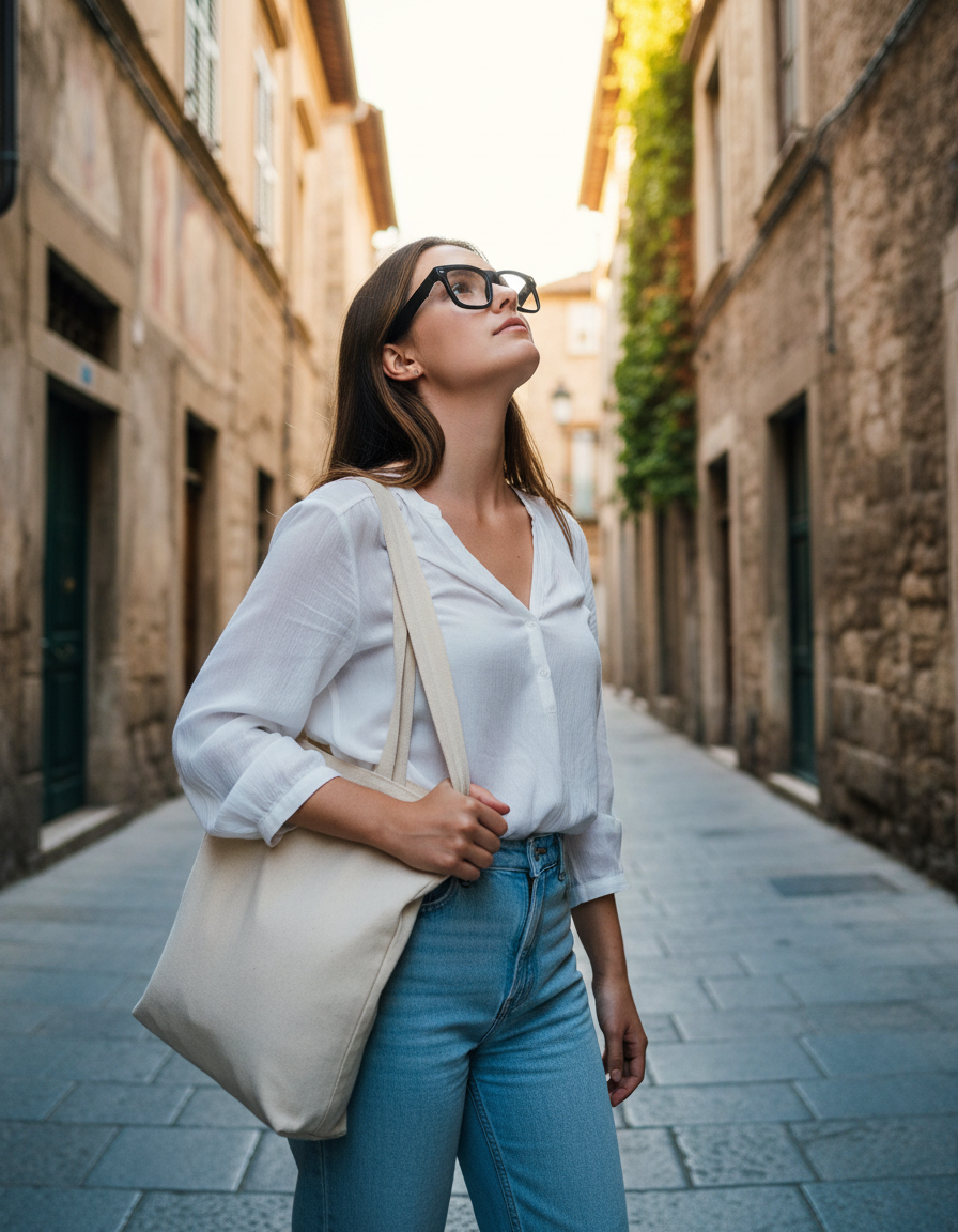 A traveler on a sunlit old-town street wearing NEXVO One smart glasses, hands free