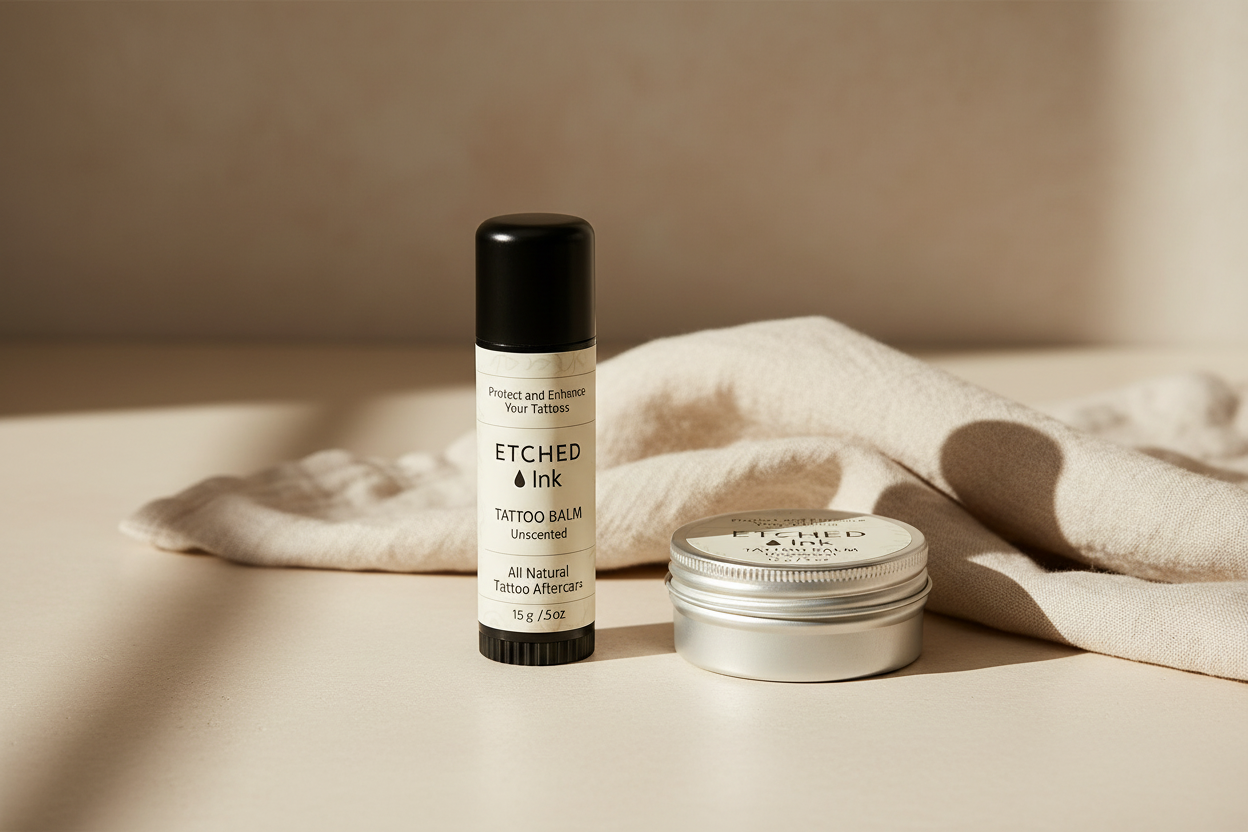 The balm stick and balm tin styled on a cream stone surface with folded linen