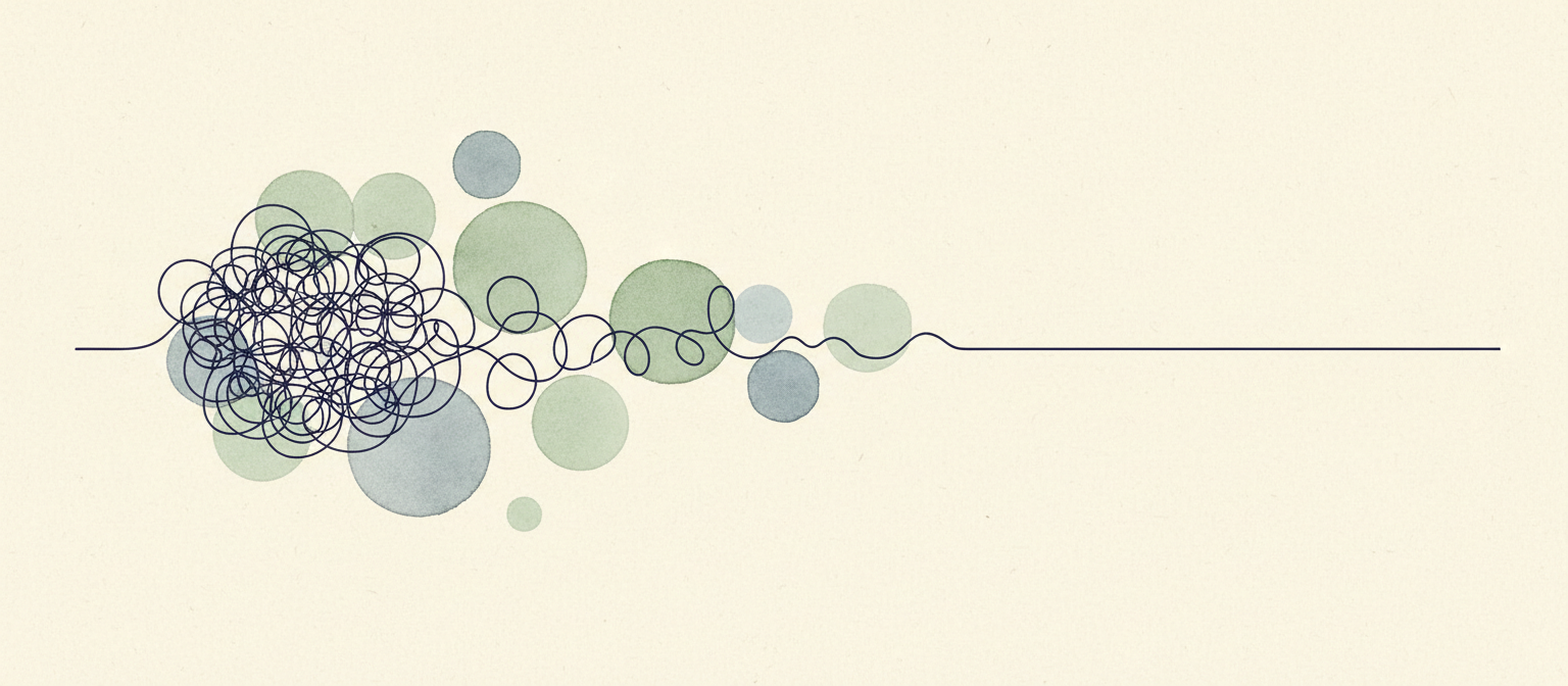A tangled ink line gradually untangling into a single calm horizontal line