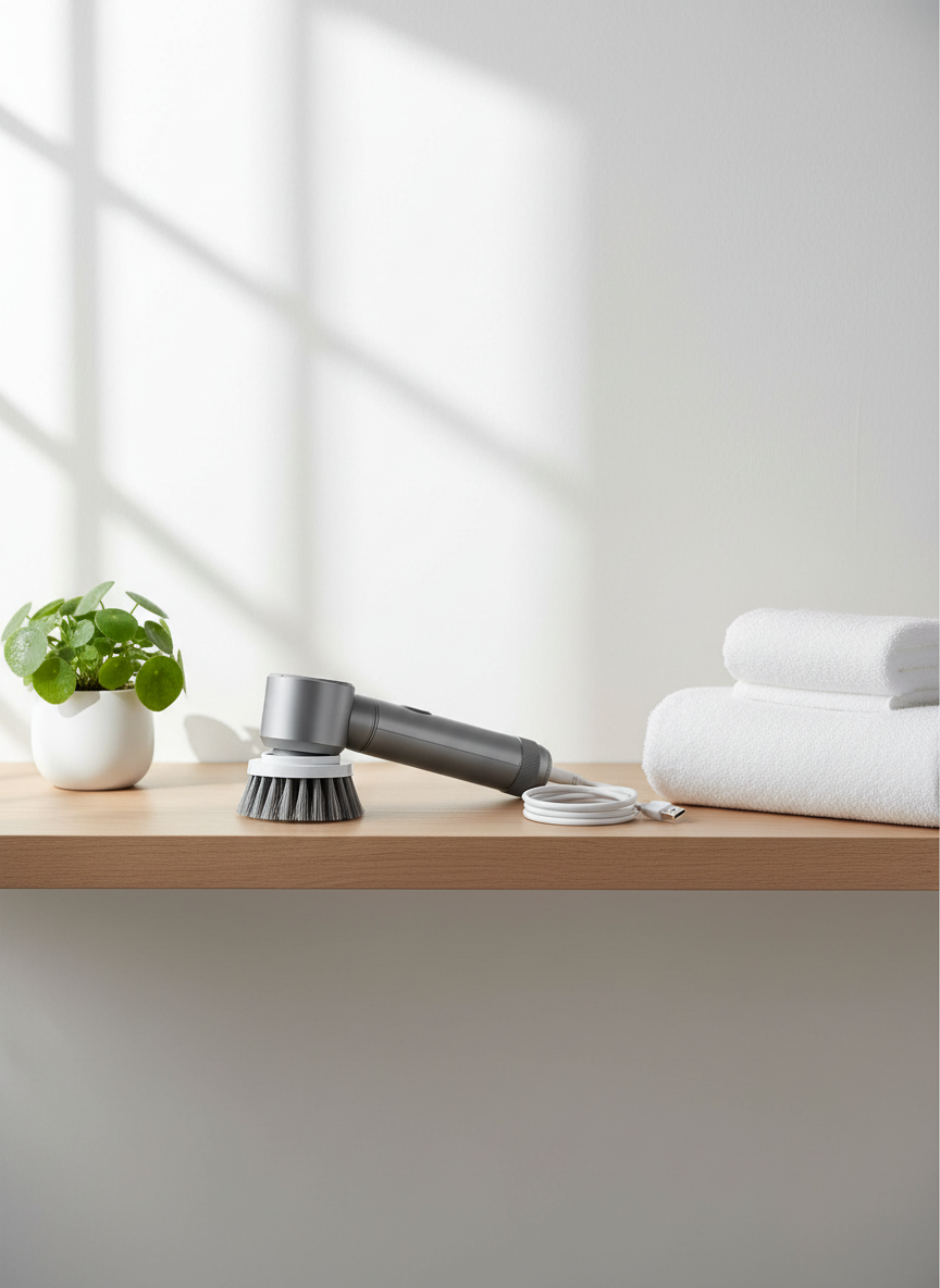La brosse rangée sur une étagère avec son câble de recharge USB