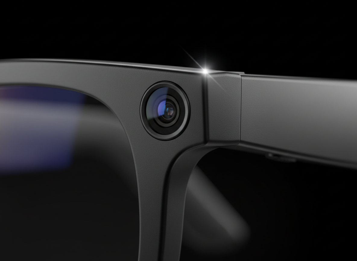 Macro close-up of the 8MP Sony camera lens set into the corner of the NEXVO One frame