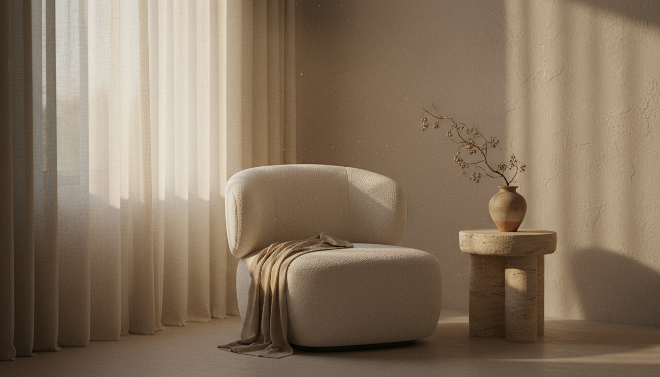 Quiet evening living room with a boucle armchair, travertine side table and low sunset light through linen curtains