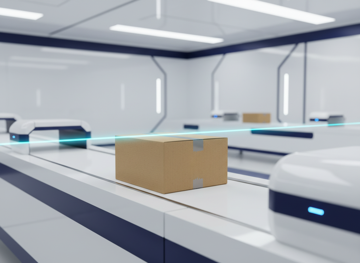 A snack parcel being scanned on a conveyor in the packing studio