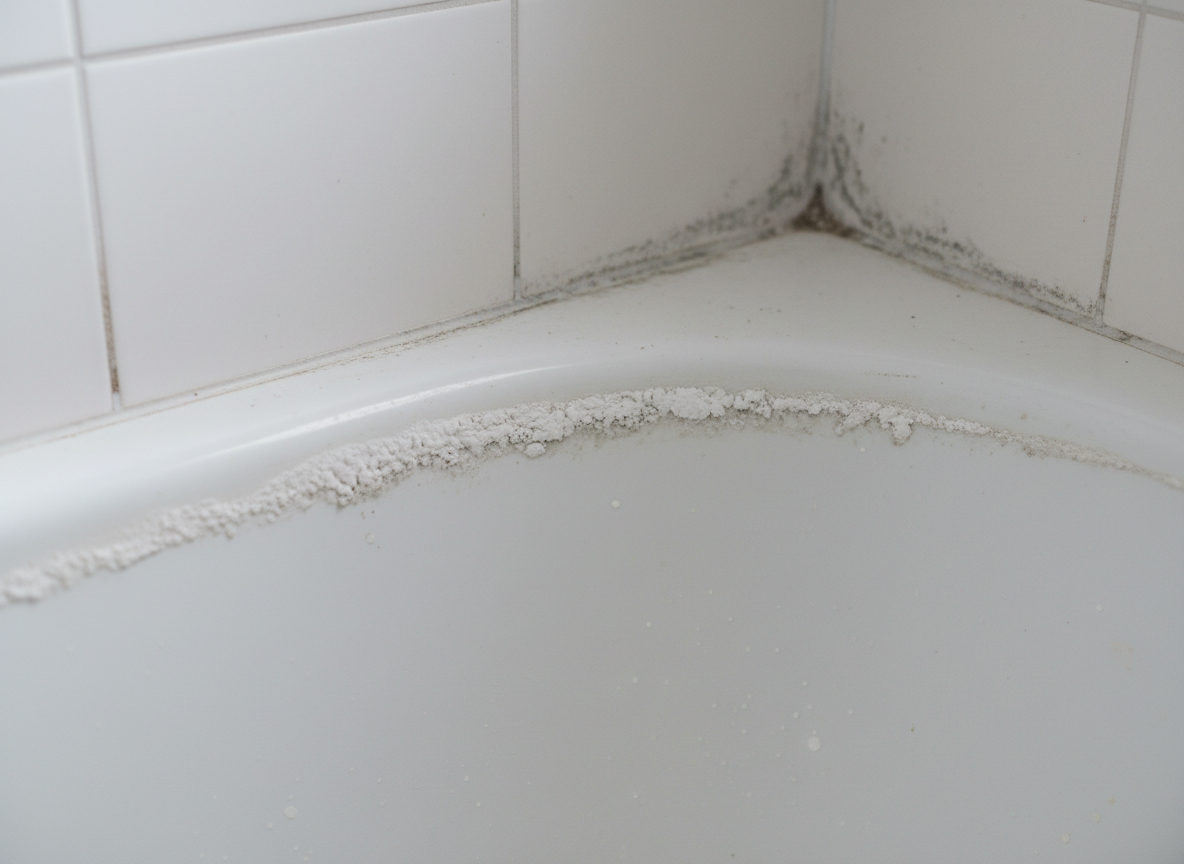 Rebord de baignoire en émail blanc avant nettoyage : dépôt calcaire épais le long de la ligne d'eau