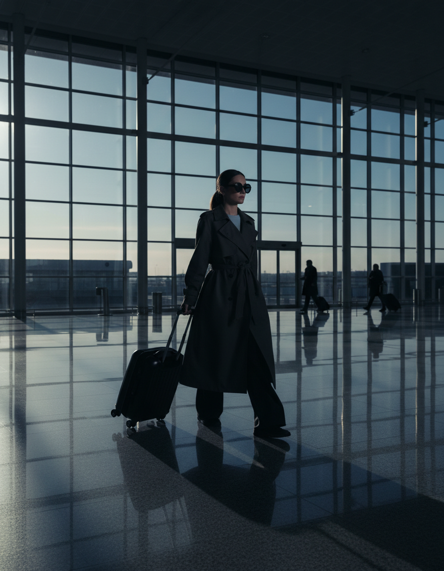 A traveler wearing NEXVO One glasses walking through an airport terminal at dawn