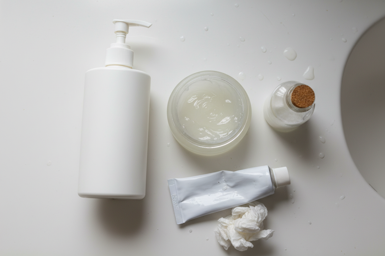 Overhead flat lay of a used lotion bottle, jar of petroleum jelly, coconut oil and a dented ointment tube scattered on a bathroom counter