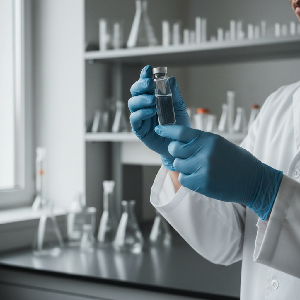 A gloved researcher in a lab coat inspecting a sealed vial against the light in a laboratory