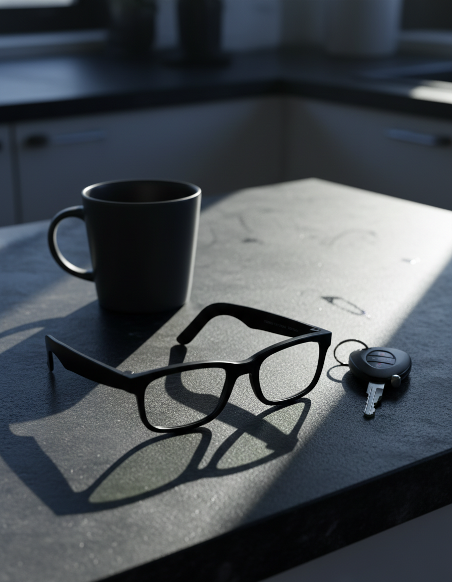 NEXVO One glasses laid beside a coffee cup and keys on a dark kitchen counter